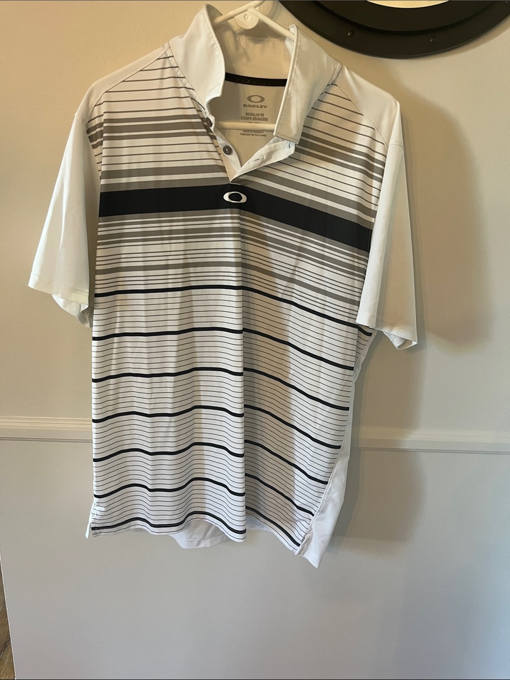 Oakley White Polo with Black and Gray Stripes